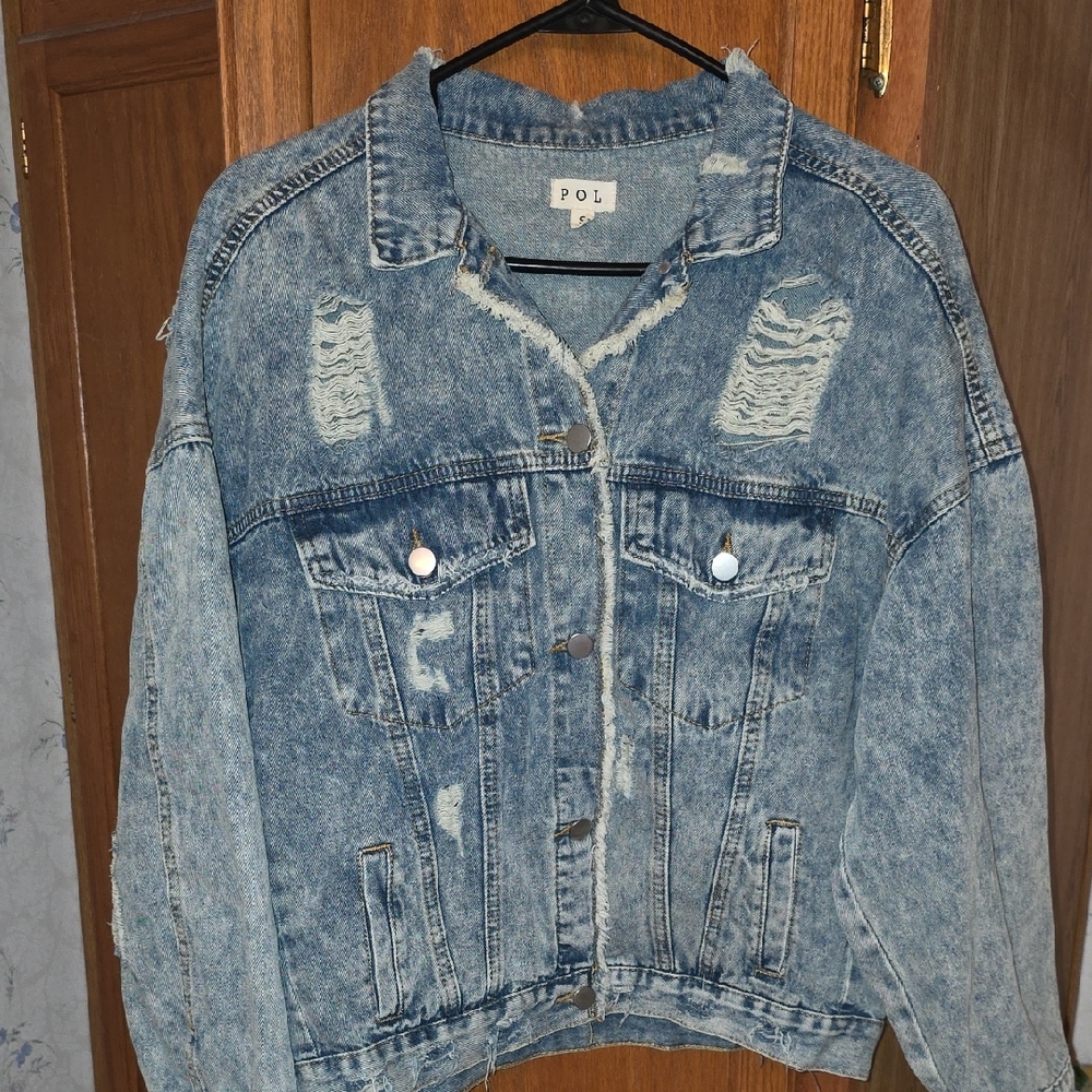 POL Women's Distressed Jean Jacket - Blue